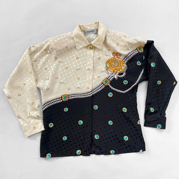 Trompe L'Oeil 80s Status Print Jewel Silk Jacquard Button Front Vintage Blouse - Picture 1 of 9